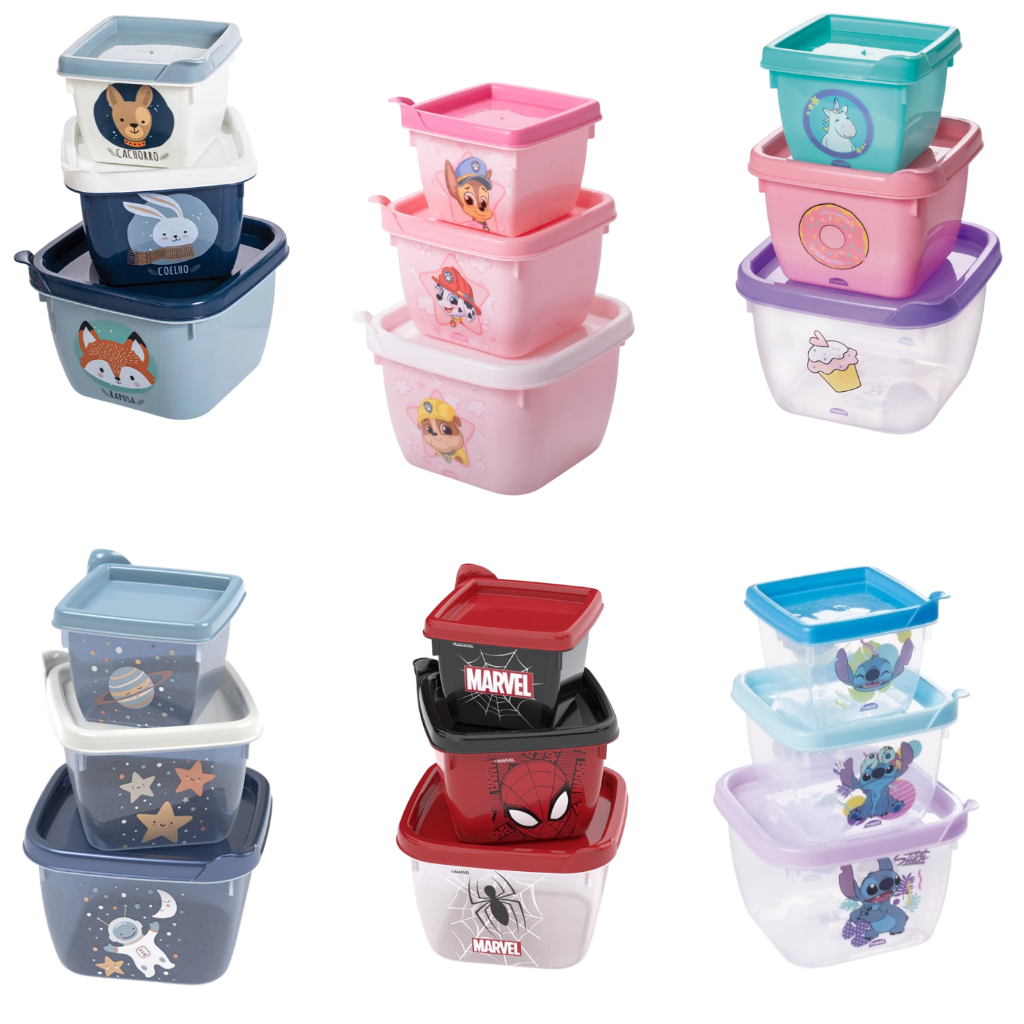 Conjunto 3 Potes Conect Personagens Lanches Frutas Infantil - Plasútil em Oferta na Shopee