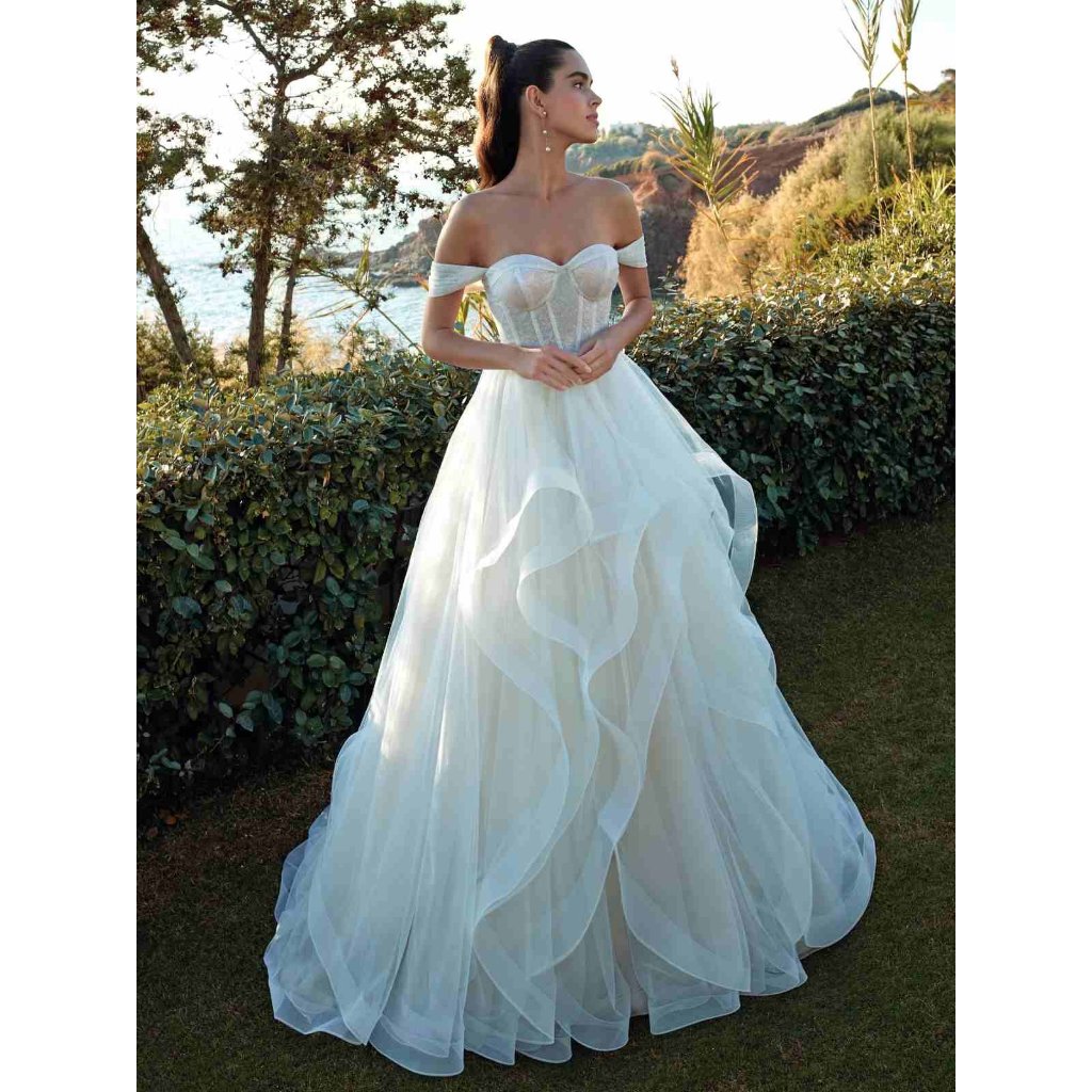 Vestido de Noiva Princesa Tule em Camadas com Corpete Estruturado Ombro a Ombro Belle - Moda Sunset