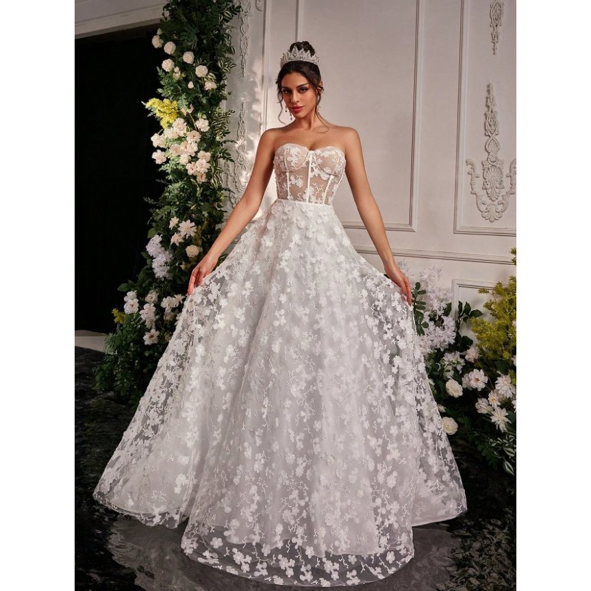 Vestido de Noiva Princesa Floral 3D com Corpete Estruturado e Tule Transparente - Moda Sunset