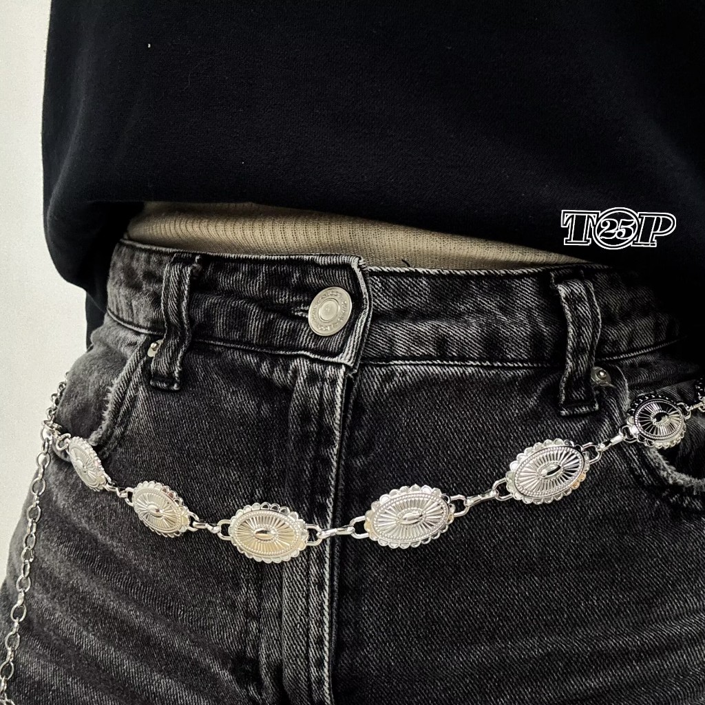 A-Cinto de corrente retrô de metal, terno, suéter e saia combinando em Oferta na Shopee