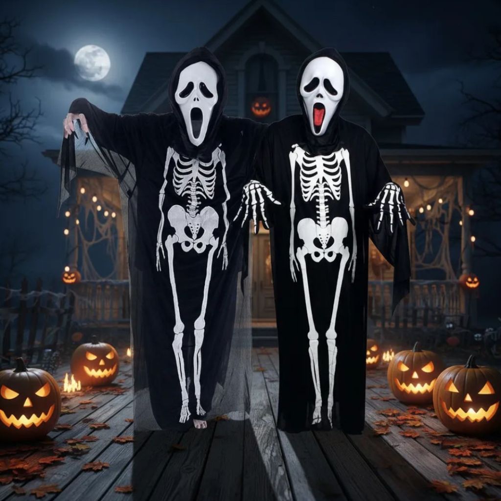 Fantasia Caveira MANTO ESQUELETO Halloween Completa Adulto e Infantil- Pânico Carnaval