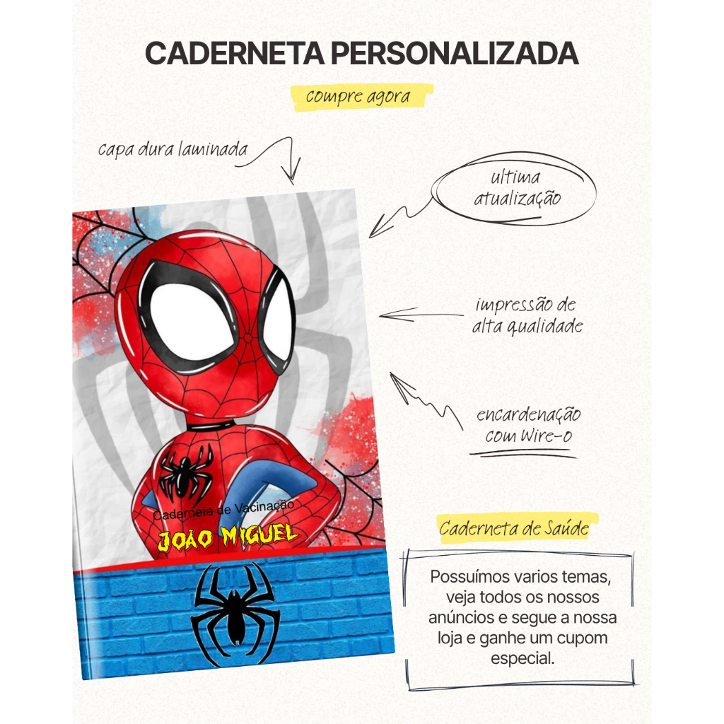Caderneta De Vacina e Saúde Personalizada Homem-Aranha | Saúde do Seu Filho Protegida