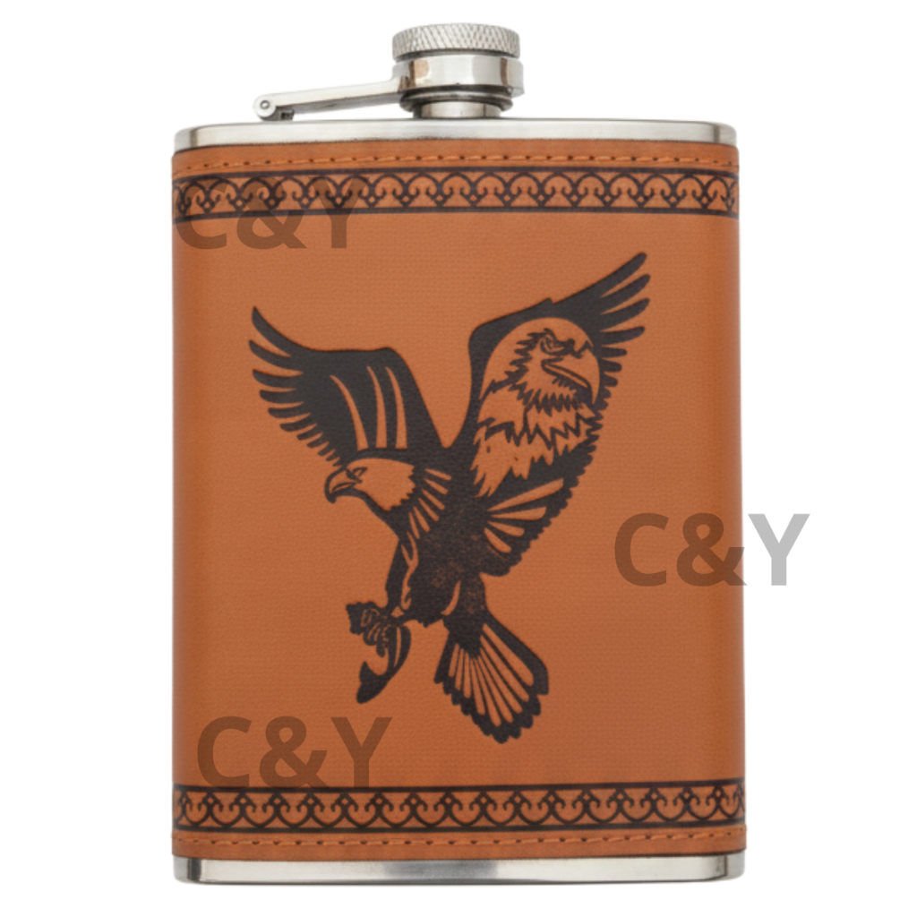 Cantil Inox Porta Whisky Completo com Funil Chaveiro e Canivete Acabamento em Couro