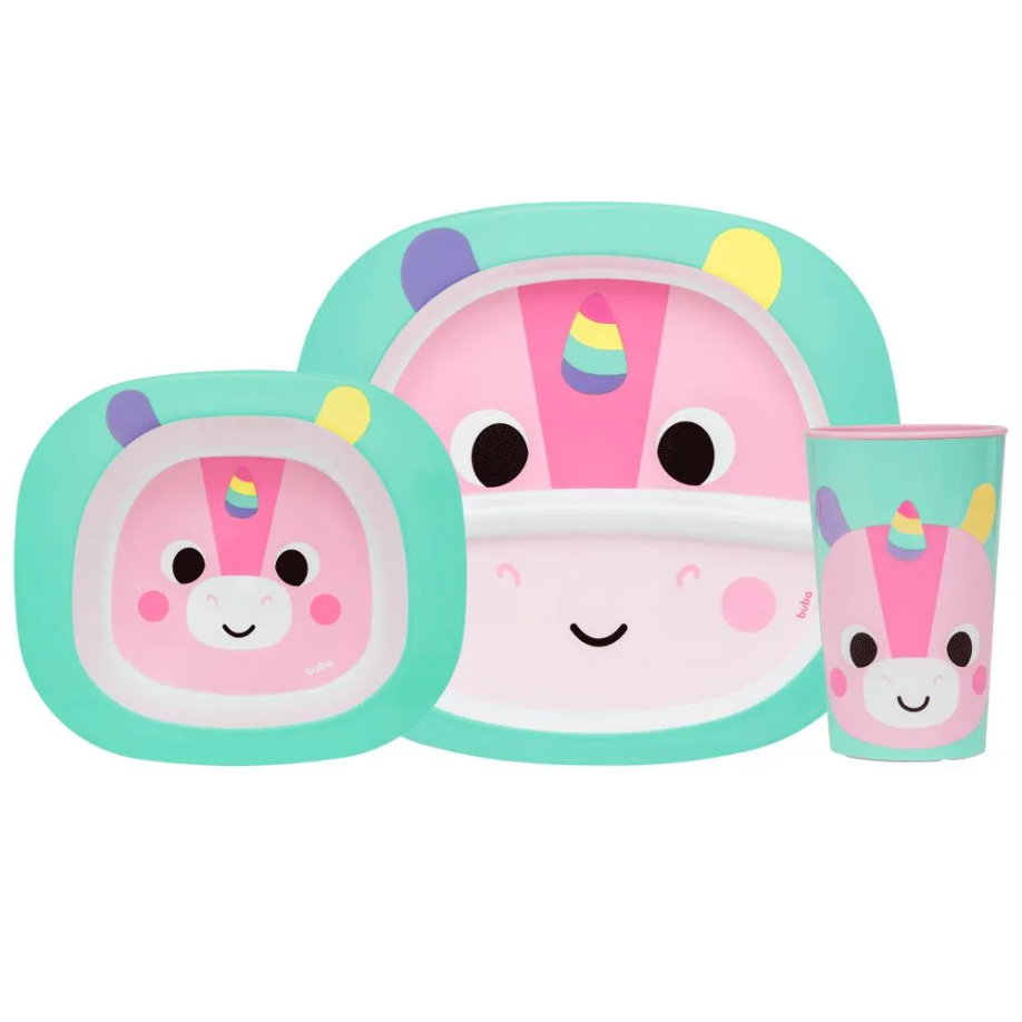 Kit Refeição Infantil Unicórnio 3 Itens em Plástico Buba
