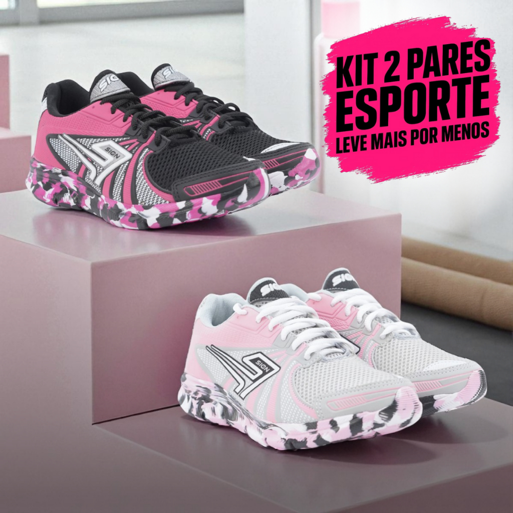 KIT 2 Pares Tênis Feminino Esportivo Leve Confortável Academia Caminhada Corrida Antiderrapante