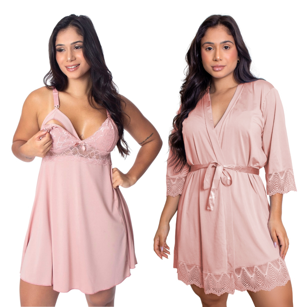 Camisola Amamentação Fernanda Com Robe de Romantic e Renda