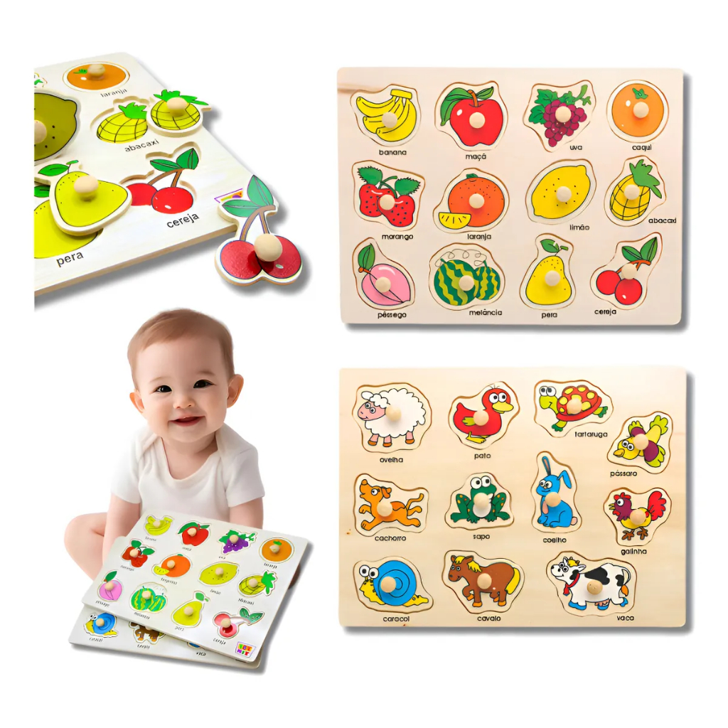Kit 2x Quebra Cabeça Encaixe Com Pinos Educativo Madeira Bebe Colorido Montessori Unissex Menino Menina 2 Anos 3 Anos