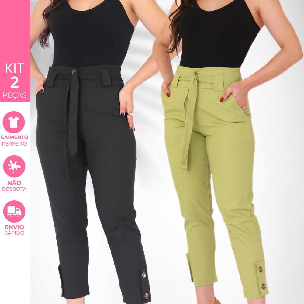 Kit 2 Calças Femininas Paper Bag Social Trabalho Com Cinto Alfaiataria Luxo Blogueira Promoção