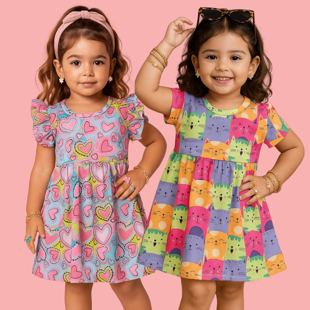KIT vestido Infantil Menina | Estampado Coração e Gatinho |  Vestido Infantil Confortável do 1 ao 10 em Oferta na Shopee
