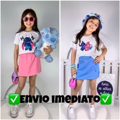 Conjunto Infantil Menina Short Saia+Blusinha Stitch Confortável E Estiloso Blogueirinha