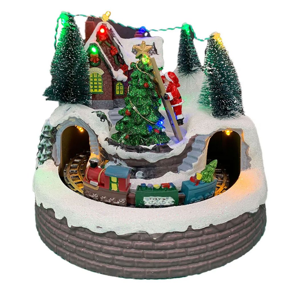 Cenario Vila Natalina Natal Papai Noel Trem Movimento Enfeite Musical LED Arvore de Natal Pinheiro Neve Festa Fim de Ano