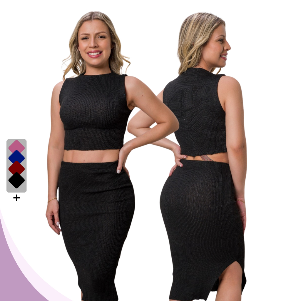 Conjunto Feminino Tricot Canelado Cropped e Saia Midi Fenda Fashion Sem Estampa Moderna Moda em Oferta na Shopee