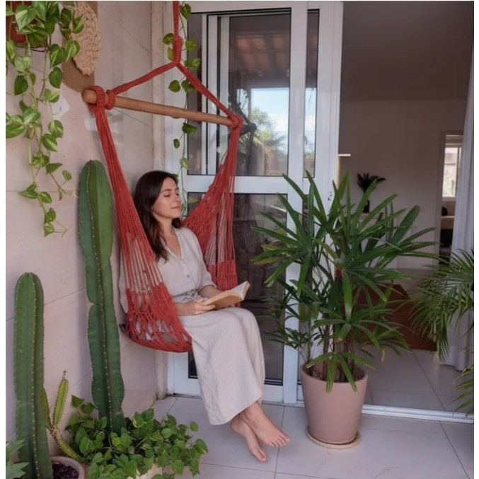 Rede Cadeira Balanço de Teto - Suspensa Com Madeira - Rede para Pequenos Espaços em Oferta na Shopee