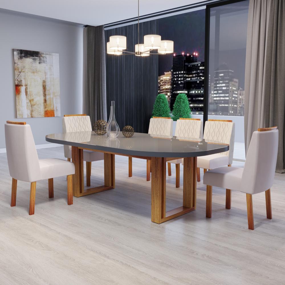 Sala de Jantar 196x90 Karen MDF/Vidro 6 Cadeiras Bom Pastor em Oferta na Shopee