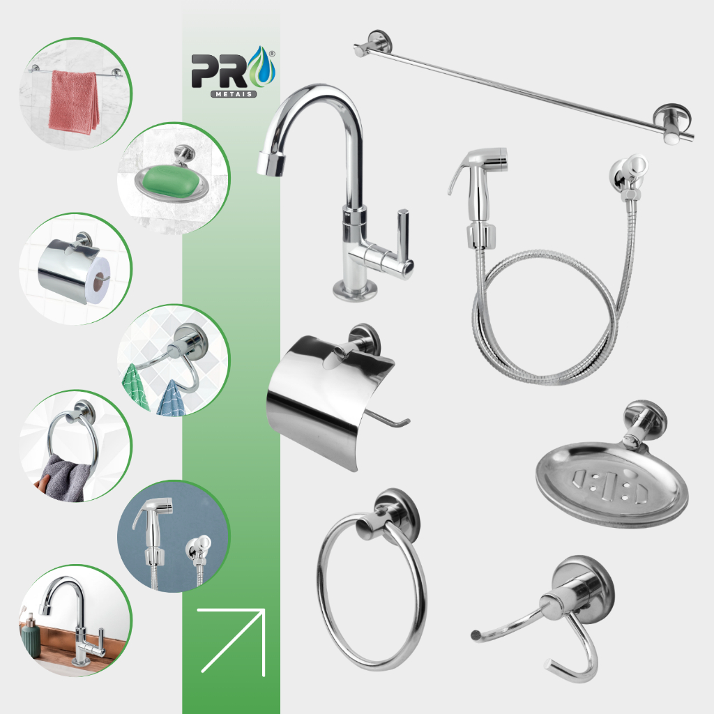 Kit Banheiro Acessórios Metal Inox + Torneira Banheiro Lavatório 1198 + Ducha Higiênica 7 Peças 2122