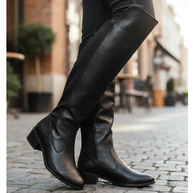 Bota Montaria Over cano longo salto baixo com ziper e elastico amplo ajuste Bota bico Fino