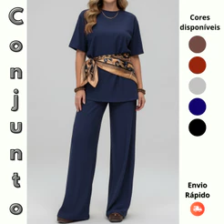 Conjunto Feminino Calça Pantalona com Blusa feminina Manga Curta