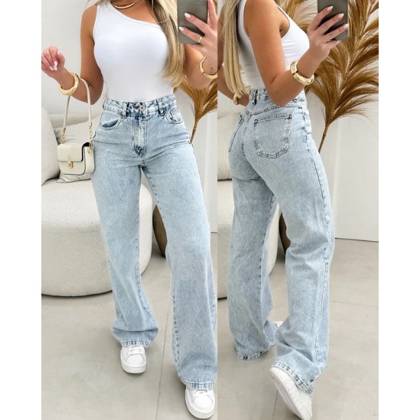Calça Jeans Wide Leg Gaven Feminina Cintura Alta Tecido Grosso Marmorizado Estilosa em Oferta na Shopee