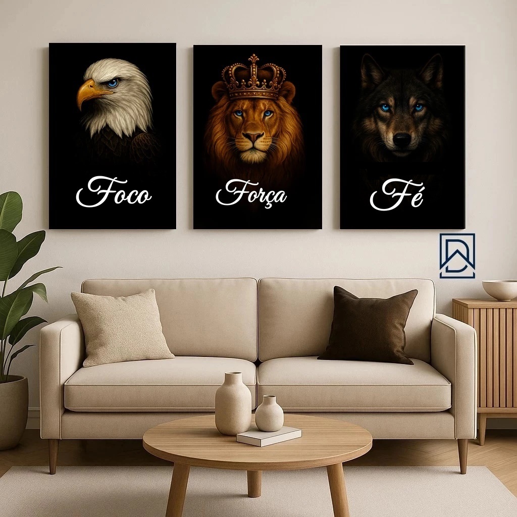 Kit 3 Quadros Motivacionais Leão Foco Força Fé Arte Moderna Parede Sala Quarto Escritório Decoração Luxo Premium Casa