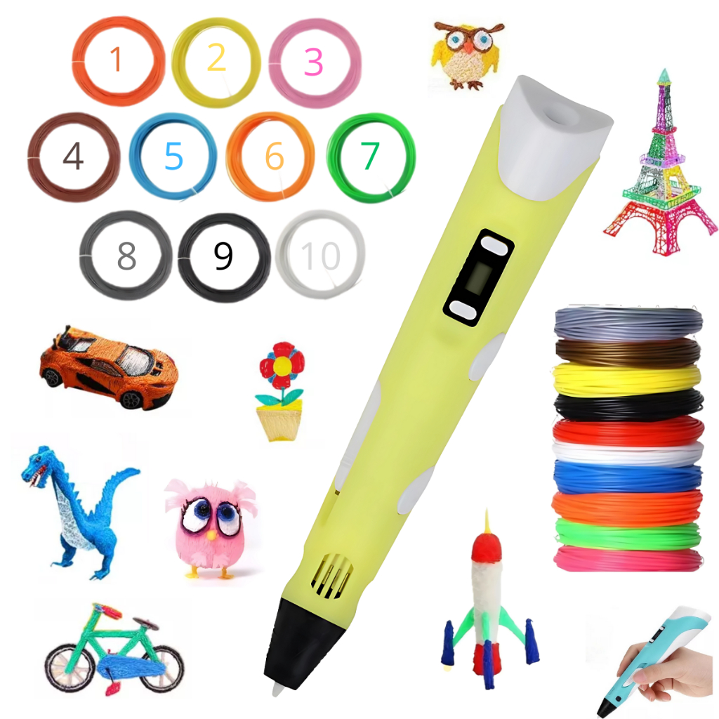 Kit Caneta 3d Amarela Impressora Infantil + 10 Refil Filamento 59 Metros de Filamento Brinquedo Educativo Desenho