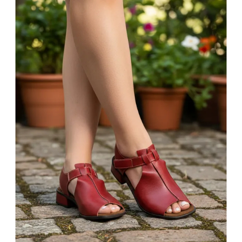 Sandália Salto Baixo Couro Legítimo Feminina Confortável Macia Vermelha Framboesa Retro LILIAN 03 em Oferta na Shopee