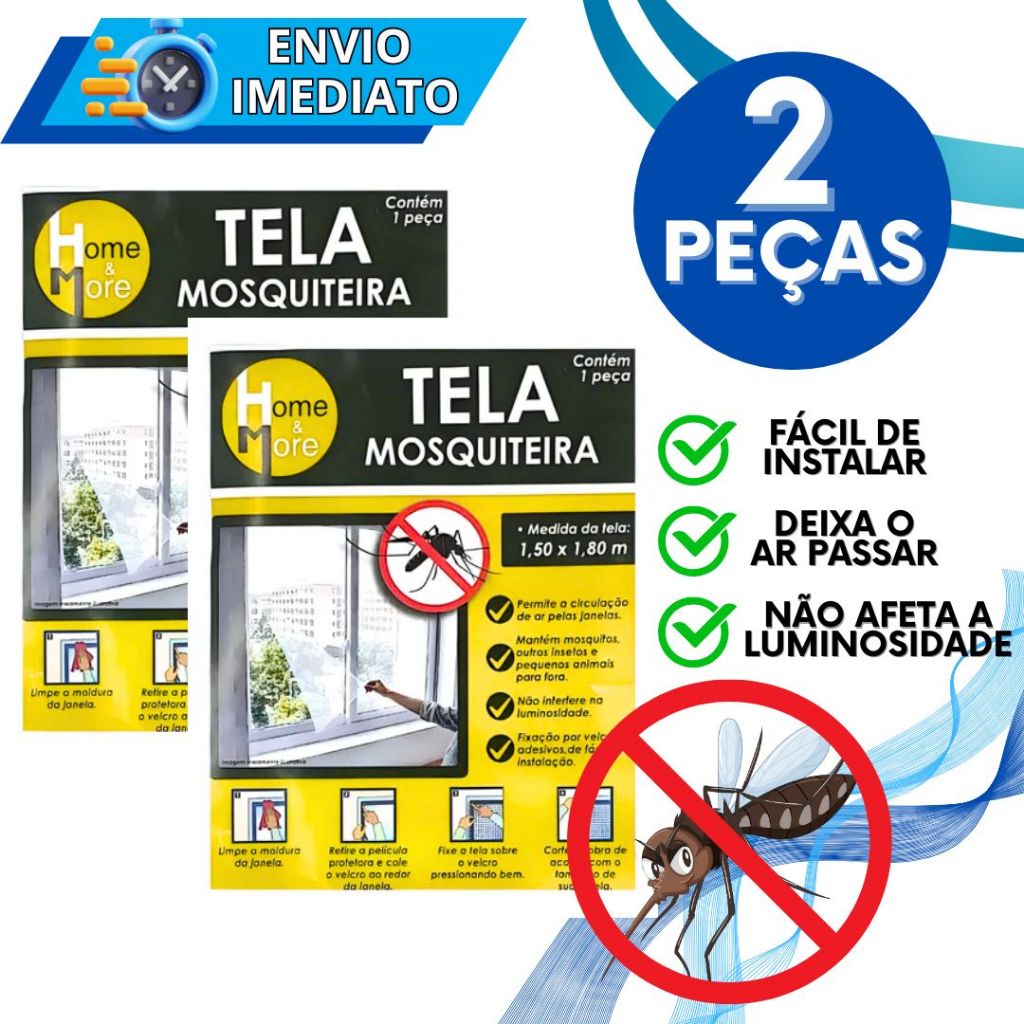 KIT Jogo 2 Tela Mosquiteira Autocolante Com Velcro Ajustável 1,3 m x 1,5 m para Janela Anti Mosquitos Insetos Dengue
