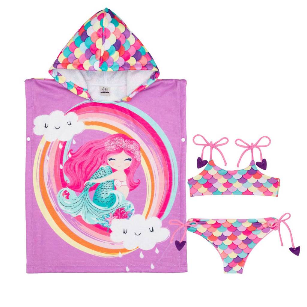Kit Biquíni Dupla Face Infantil + Poncho Toalha Atoalhado Menina Saída de Praia
