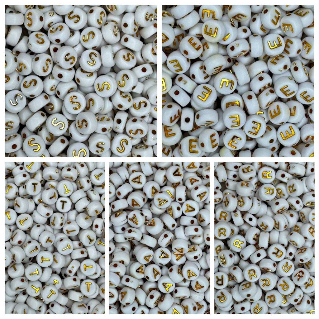 Miçangas Alfabeto Branca com Dourado Infantil Para Pulseiras e Artesanatos - Letras Separadas