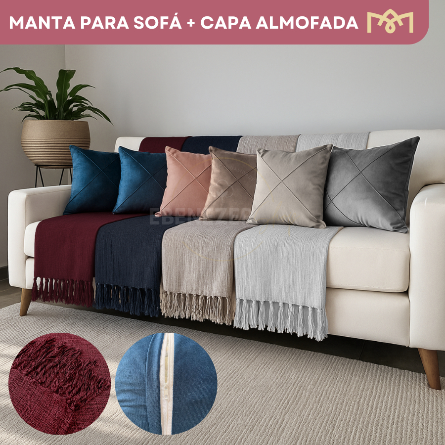 Kit Manta Para Sofá 2,20x1,70 + 2 Capas De Almofada Suede Extra Macio Decoração Sala Quarto Premium