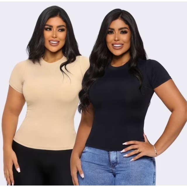 Kit 2 Blusa Blusinha feminina academia básica suplex manguinha dia a dia