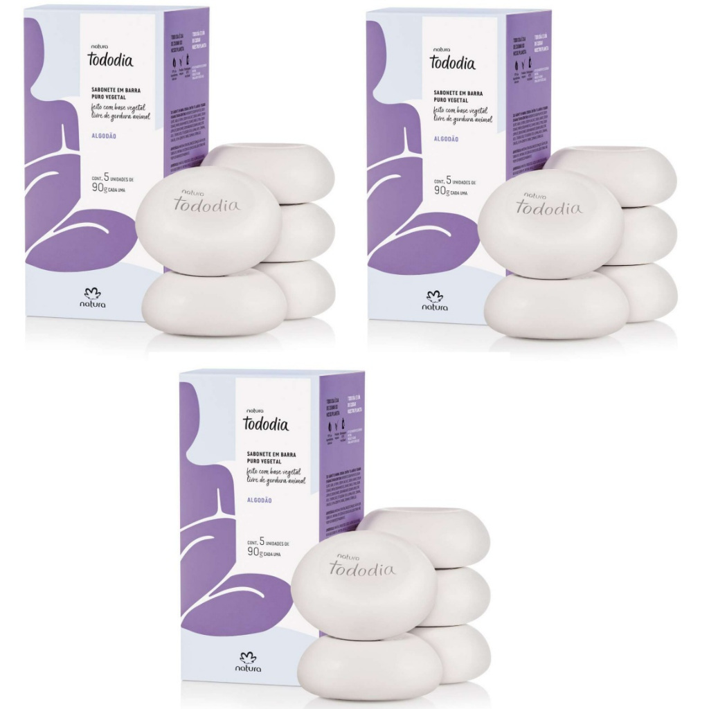 KIT 3 CAIXAS DE SABONETE EM BARRA PURO VEGETAL 5UN TODODIA ALGODAO