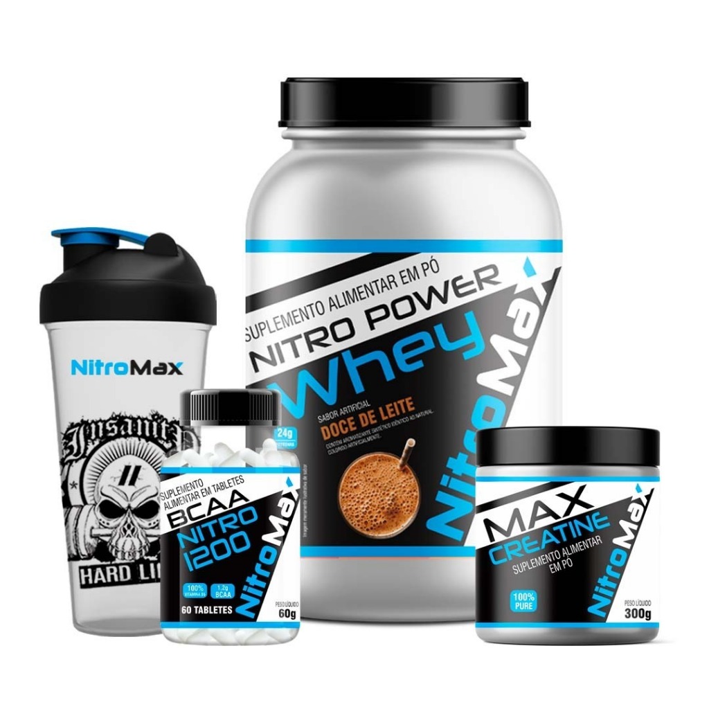 Kit 1 Nitro Power Whey 900g + 1 BCAA Nitro 1200 60g + 1 Max Creatine 300g + 1 Coqueteleira Hard Line 600ml - Nitro Max