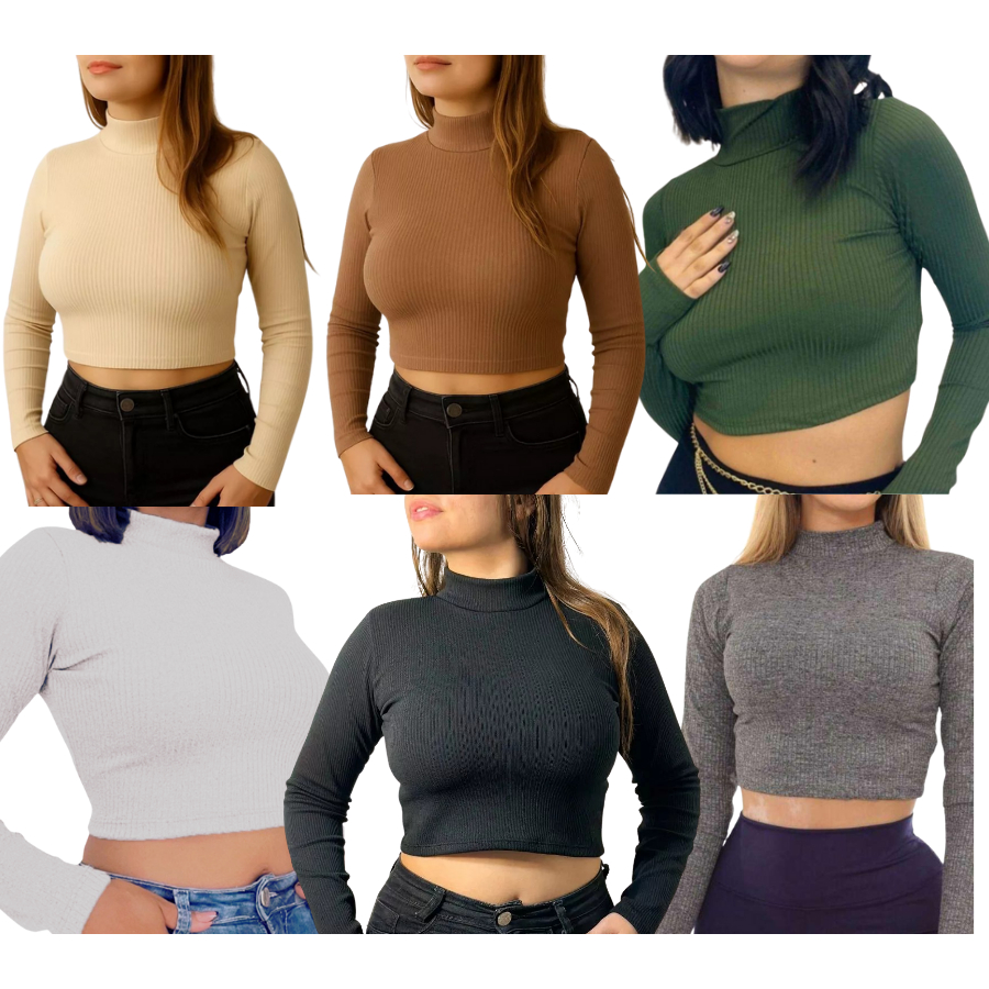 Kit 2 Cropped Gola Alta Manga Longa Feminina Canelado