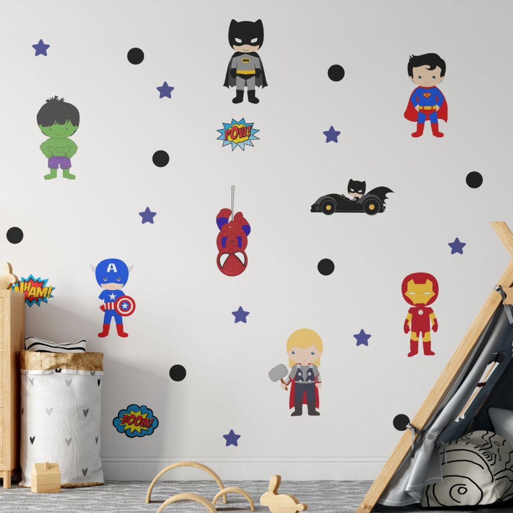 Kit 50 Adesivos de Parede Herois Papel de Parede Infantil Decoração Quarto Menino Vingadores