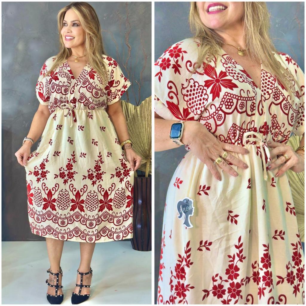 Vestido Midi Estampado Forrado com Gola V Elastico Ajustavel na Cintura e Manga Flare em Oferta na Shopee