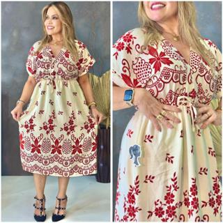 Vestido Midi Estampado Forrado com Gola V Elastico Ajustavel na Cintura e Manga Flare em Oferta na Shopee