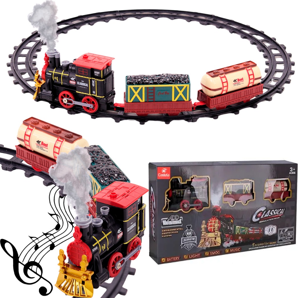 Locomotiva Trenzinho 2 Vagões Com Luz Som e Fumaça - Castela em Oferta na Shopee