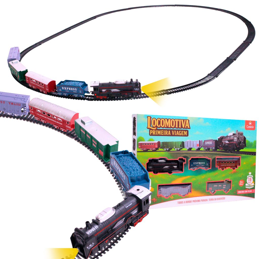 Trenzinho De Brinquedo Com Locomotiva E 4 Vagões Com Luz Elétrico - Castela em Oferta na Shopee