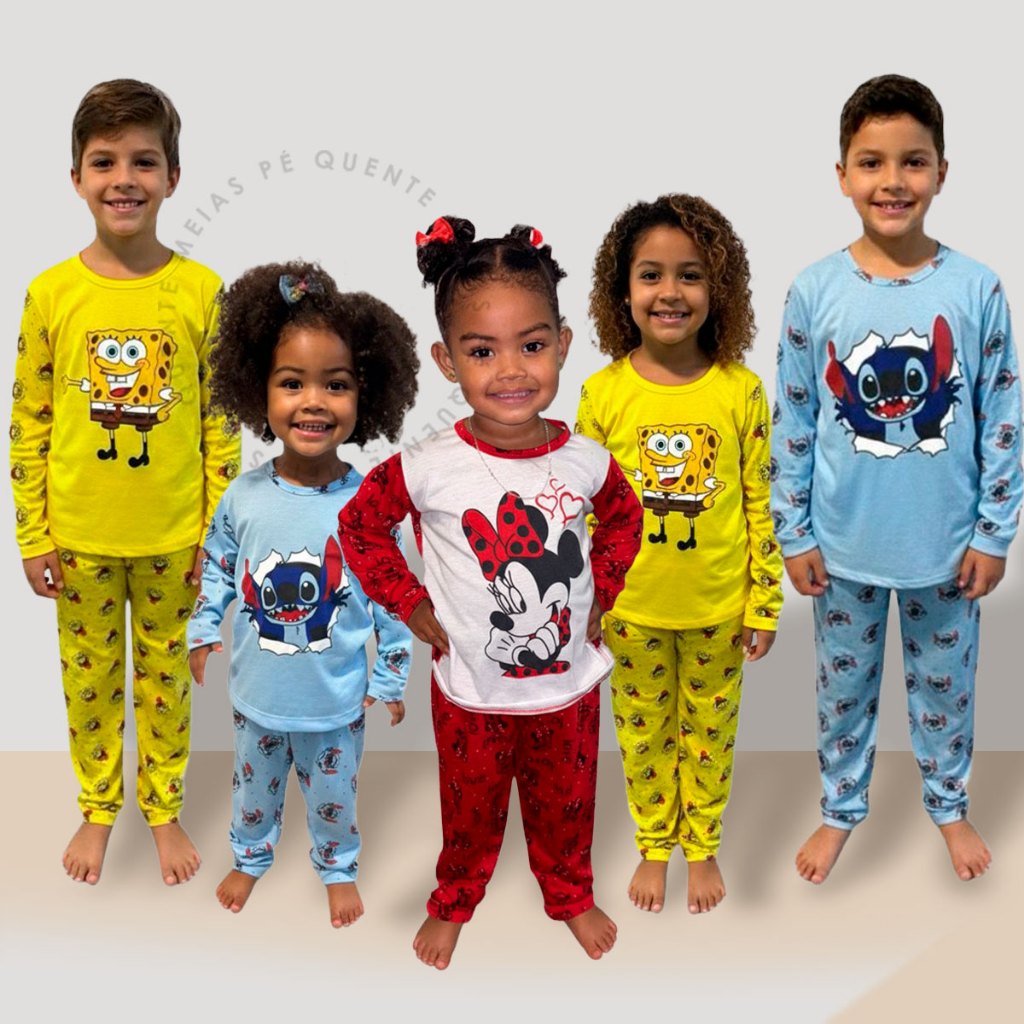 Pijama Frio Infantil Conjunto Estampado Personagem Stitch Minnie Bob Esponja Desenho Divertido Fofo
