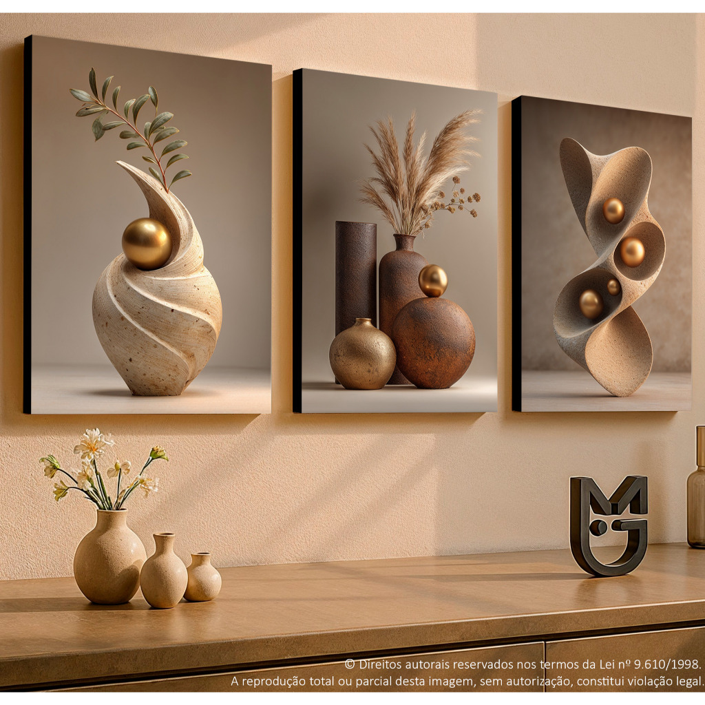 Quadro Decorativo kit 3 Peças Abstrato Geométrico Moderno Marrom Decoração Sala Quarto Parede