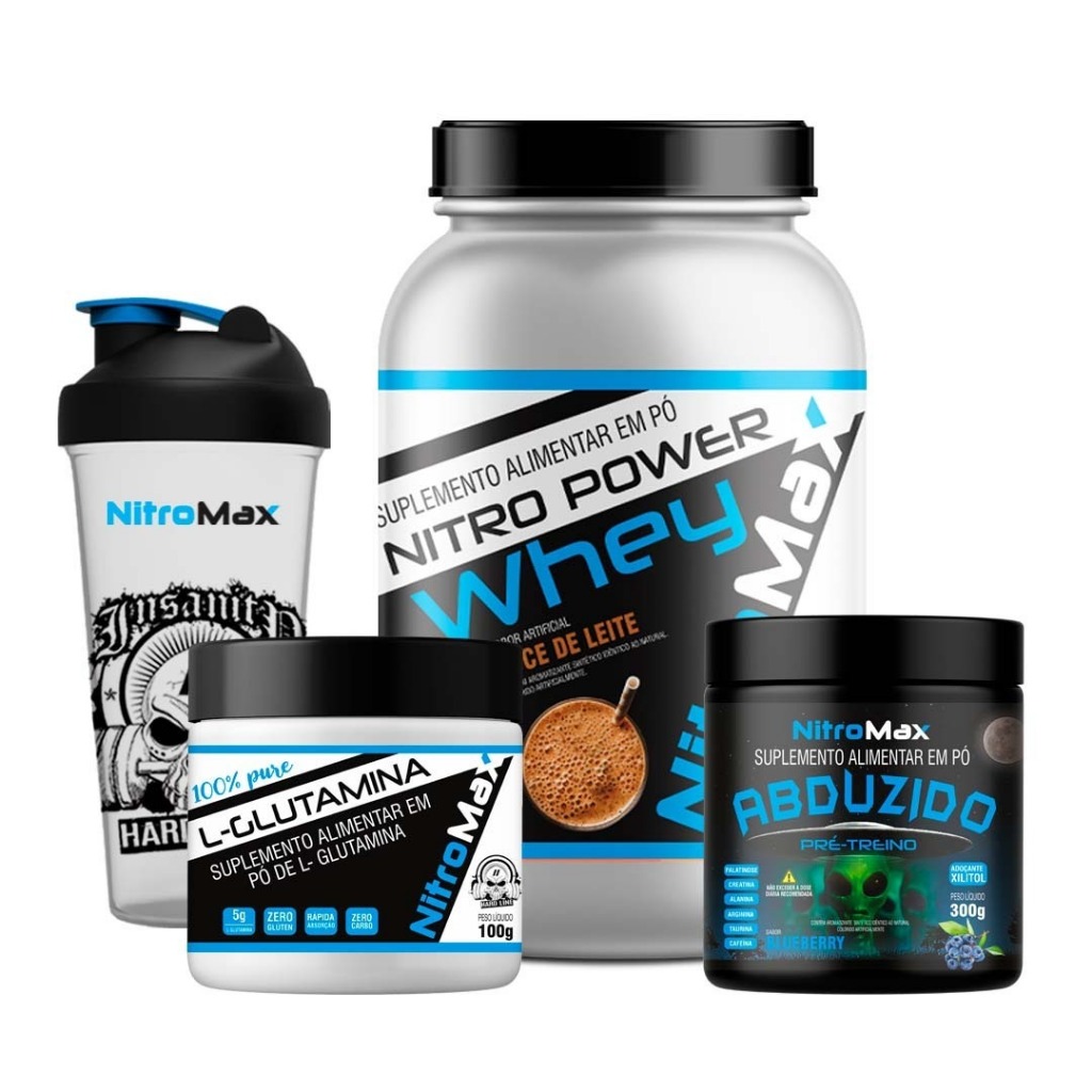 Kit 1 Nitro Power Whey 900g + 1 L- Glutamina 100g + 1 Abduzido 300g + 1 Coqueteleira Hard Line 600ml - Nitro Max