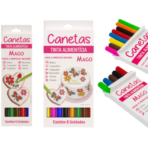 Kit de Canetas Alimentícias Mago para Doces Pasta Americana Biscoitos Bolos - 5 CORES OU 8 CORES