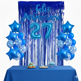 Kit Faixa Feliz Aniversário Cursivo + 1 Cortina azul + 2 Buque Azul de Estrela + 2 Números Azul em Oferta na Shopee