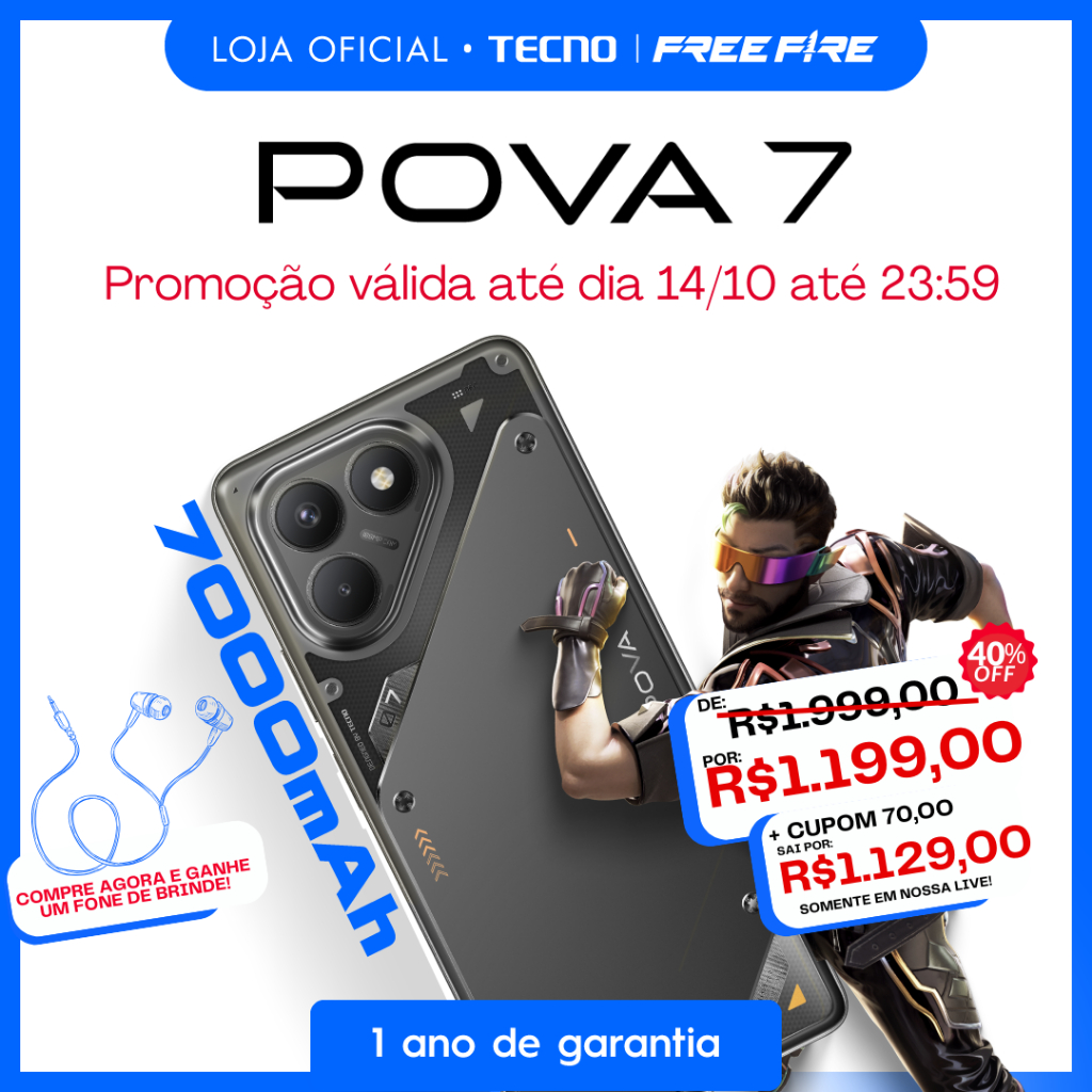 Tecno POVA 7 4G, Versão Global, 7000mAh + 45W, 256GB/8GB, Helio G100, Câmera 108MP, Tela 120Hz, NFC, IP64