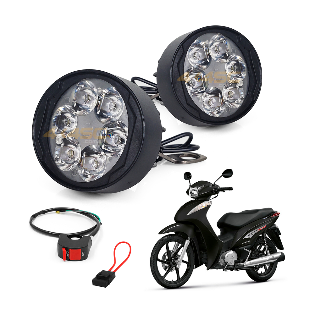 Farol Milha Moto 36w R30 - Luz Alta 6000k + Suporte p/ Espelho + Interruptor - Par