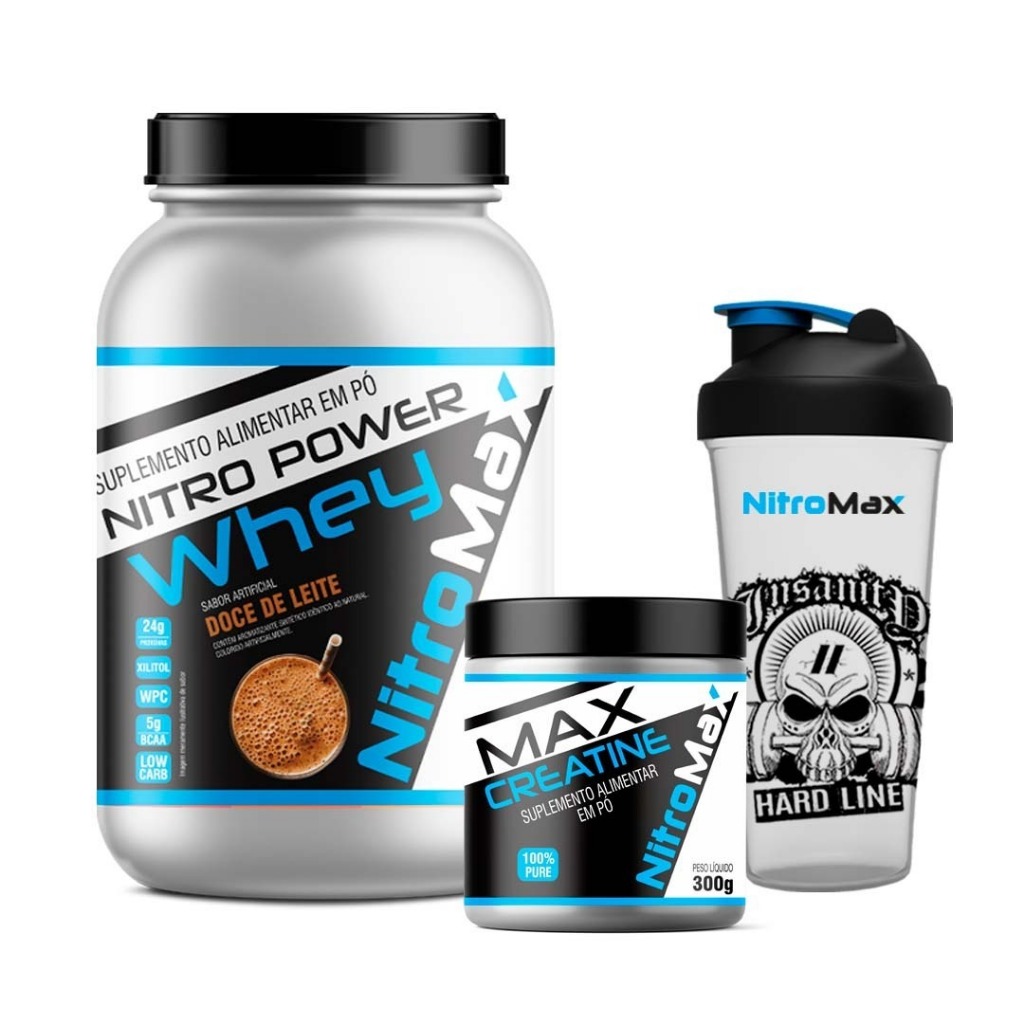 Kit 1 Nitro Power Whey 900g + 1 Max Creatine 300g + 1 Coqueteleira Hard Line 600ml - Nitro Max