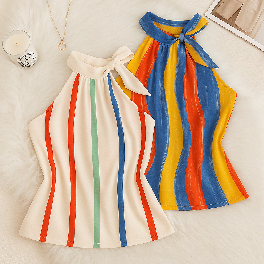 Blusa Feminina de Crepe Listrada com Laço na Gola Estilo Regata Elegante e Moderna Verão