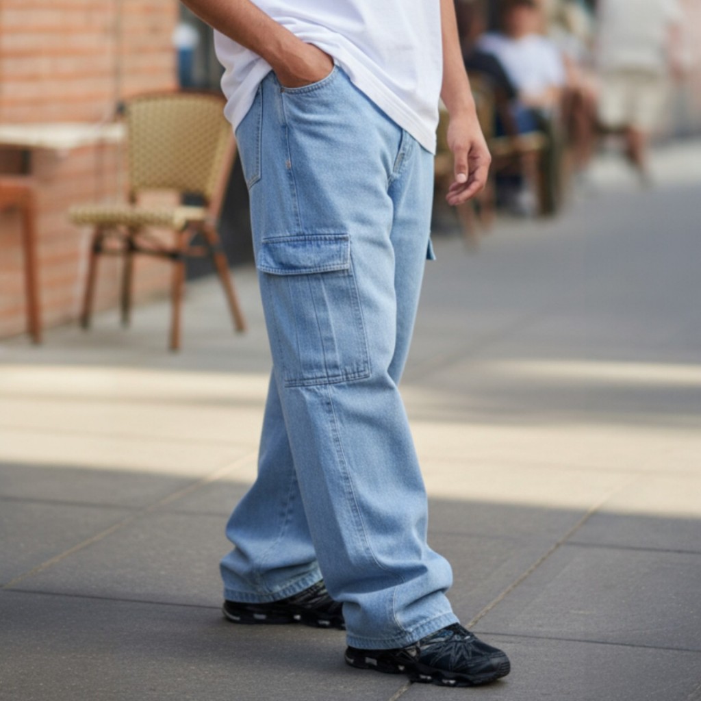 Calça Cargo Jeans Claro Masculina Cos Elástico Cordão Skatista