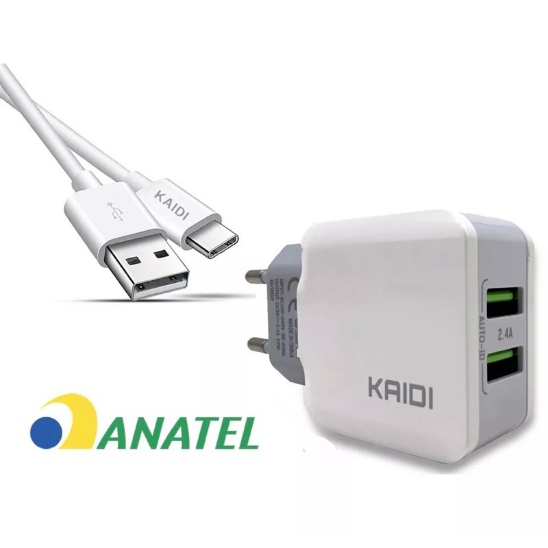 Carregador Tipo C iPhone Kaidi Super Rápido 2 Entradas USB Fonte e Cabo 1 Metro