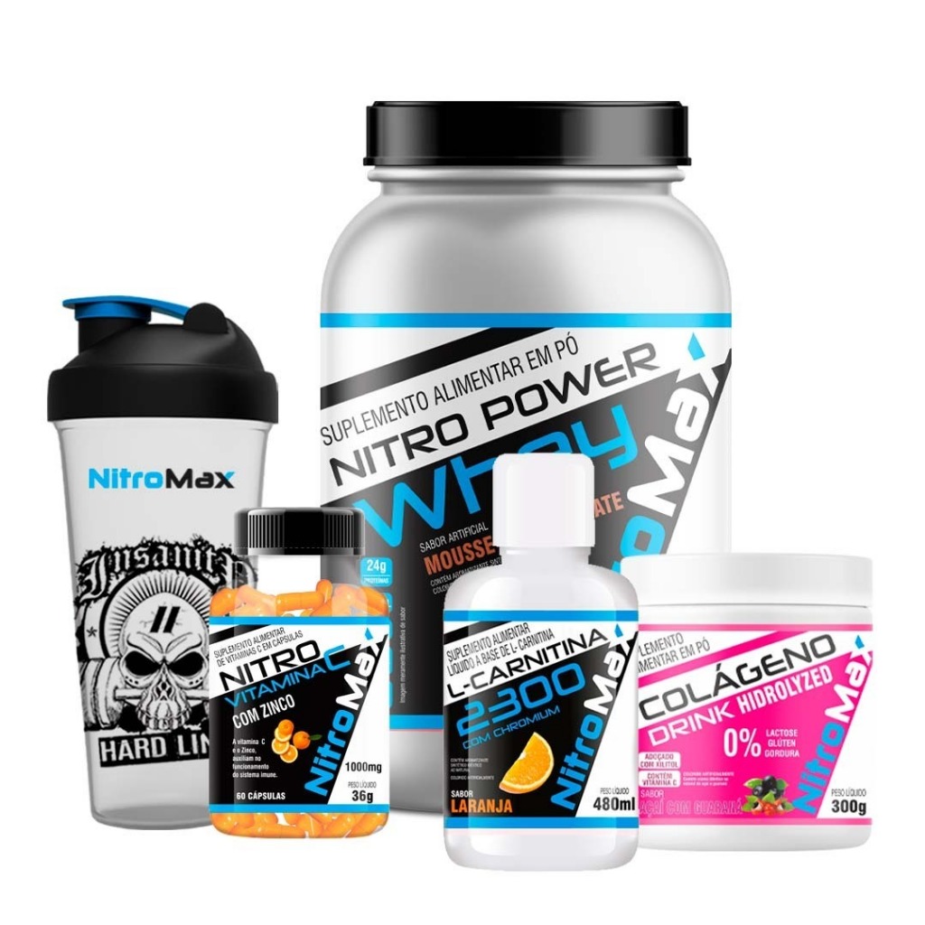 Kit 1 Nitro Power Whey + 1 Vitamina C c/ Zinco + 1 L-Carnitina 2300 Líquida + 1 Colágeno Hidrolisado + 1 Coqueteleira
